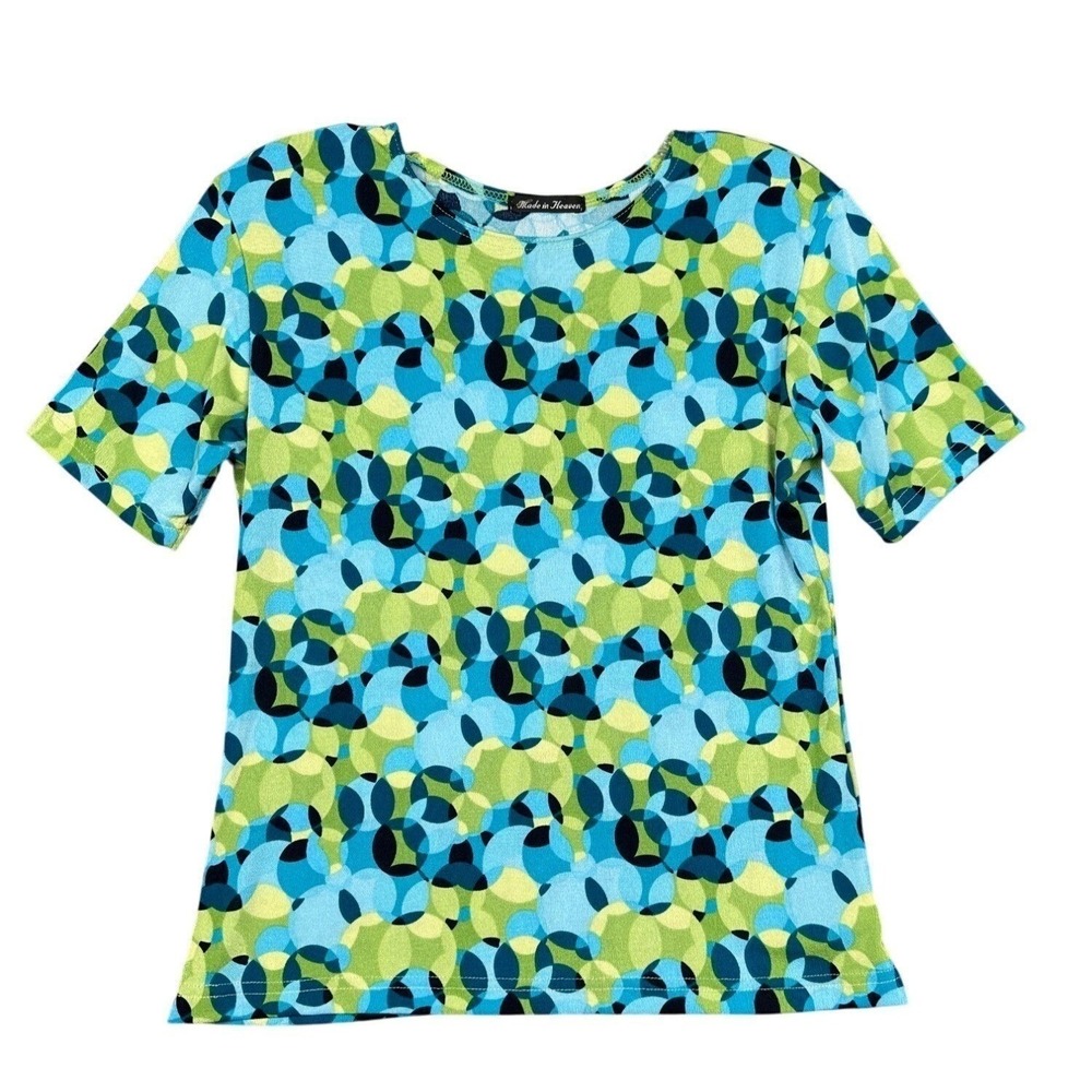 Made in Heaven Womens M Y2K 60s Mod Op Art Geometric Baby Blue Green Tee